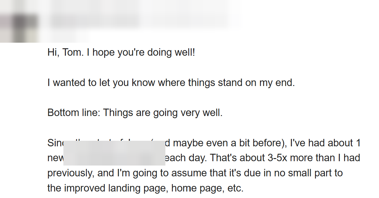Client email reporting about one signup a day and three to five times the previous rate